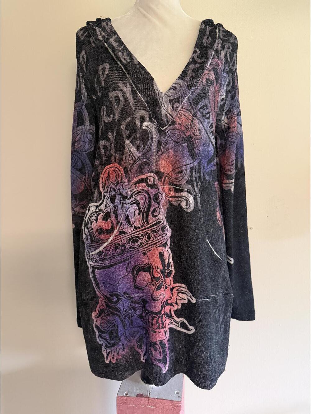 Y2K Ed Hardy Mini Hooded Dress Heart Skull AOP Size XL